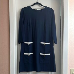 Eliza J Blue and White Long Sleeve Sheath Dress